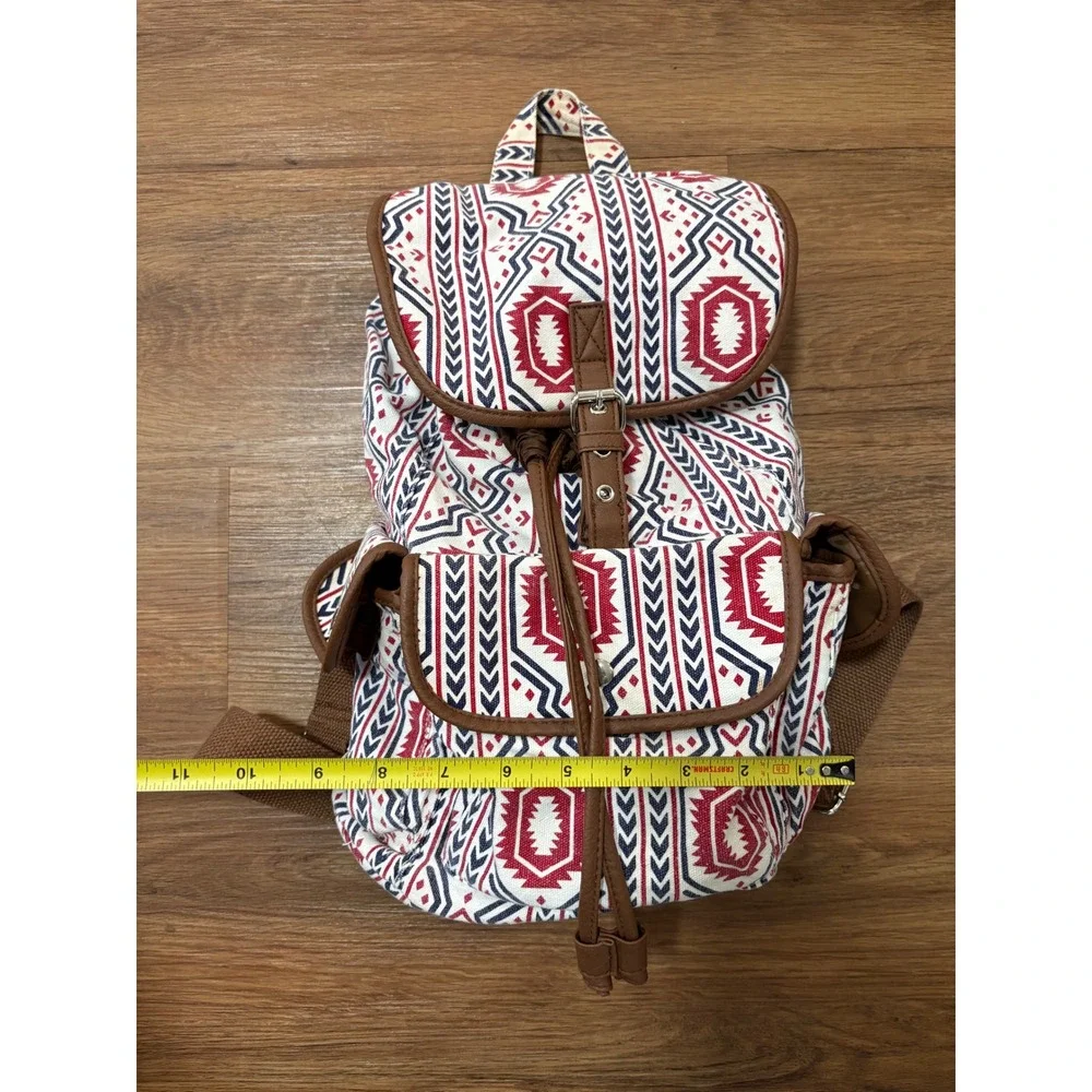 Southwestern Tribal Geometric Canvas Backpack Red Navy White Aztec Print Bag